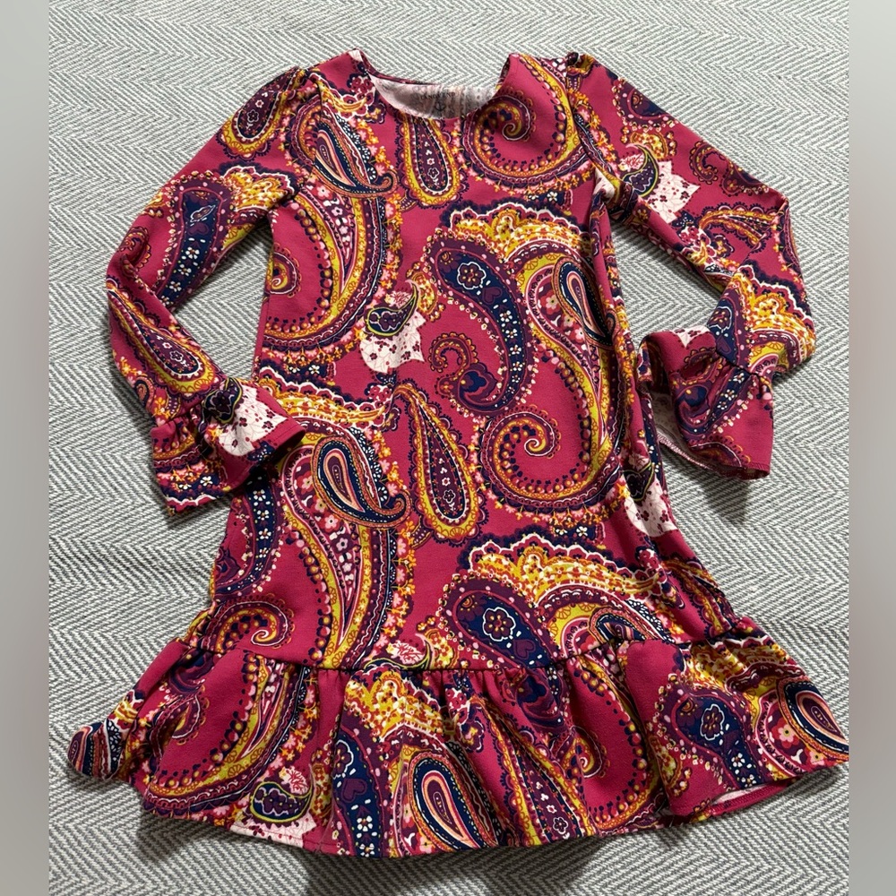 Lands End Girls 7/8 Paisley Sweatshirt Dress with Ruffled Sleeves LIKE NEW
